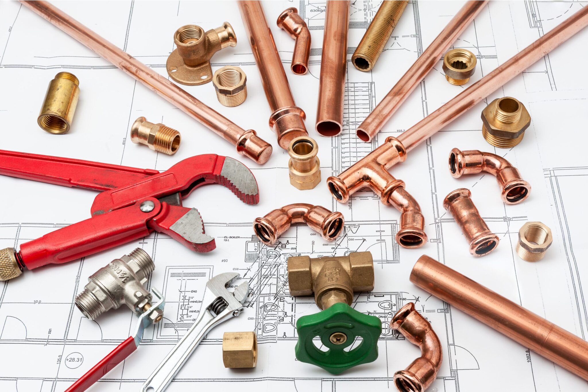 Copper pipes, fittings, valves, and plumbing tools in Naples