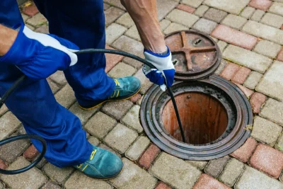 Plumber cleaning an outdoor sewer drain in Naples