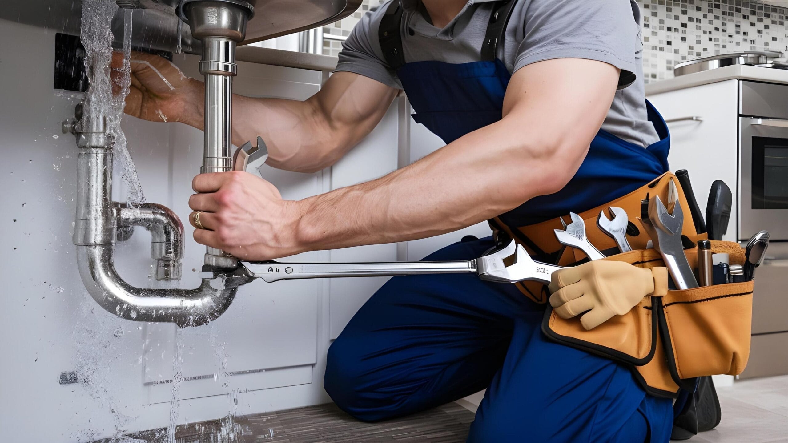 Plumber tightening a residential plumbing pipe in Naples