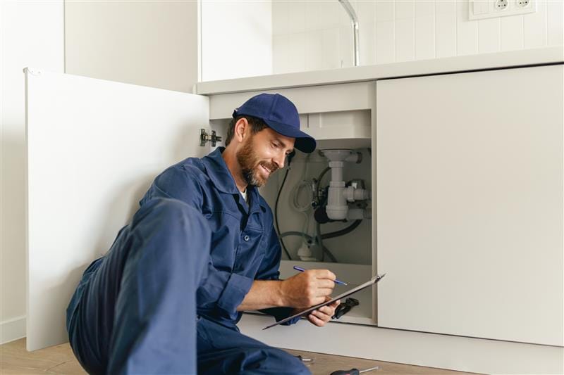 Residential plumber reviewing plumbing repairs in a Naples kitchen