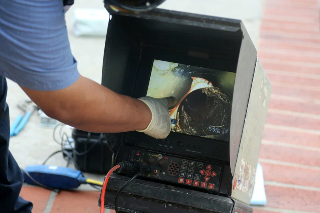 Technician viewing a drain inspection camera in Naples