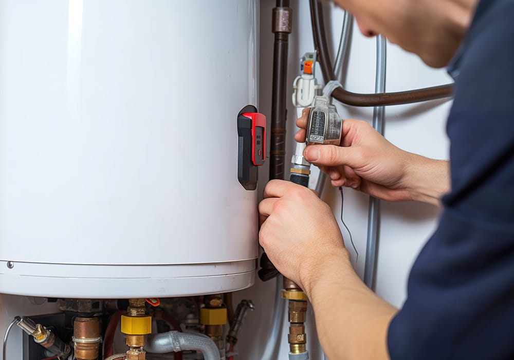 Technician repairing pipes connected to a water heater in Naples